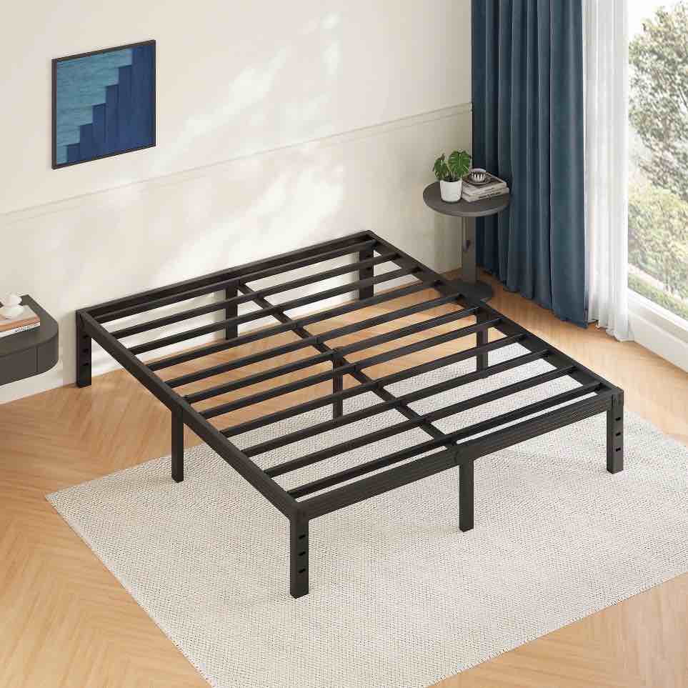 fschos 14 inch queen size bed frame, heavy duty metal platform, no box spring needed, easy assembly, black