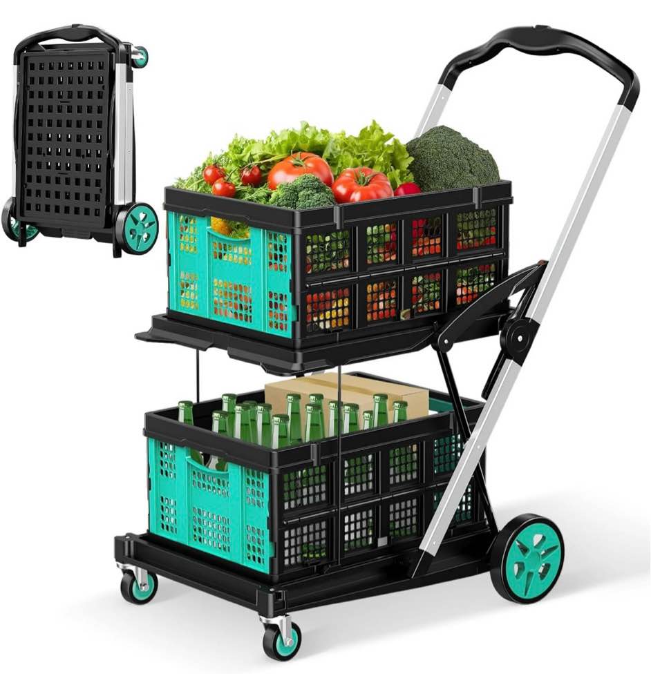 rvchic functional collapsible carts with 2 storage crates,8-in-1 mobile folding trolley with 360°rolling wheels for shopping,picnic,warehouse,blue