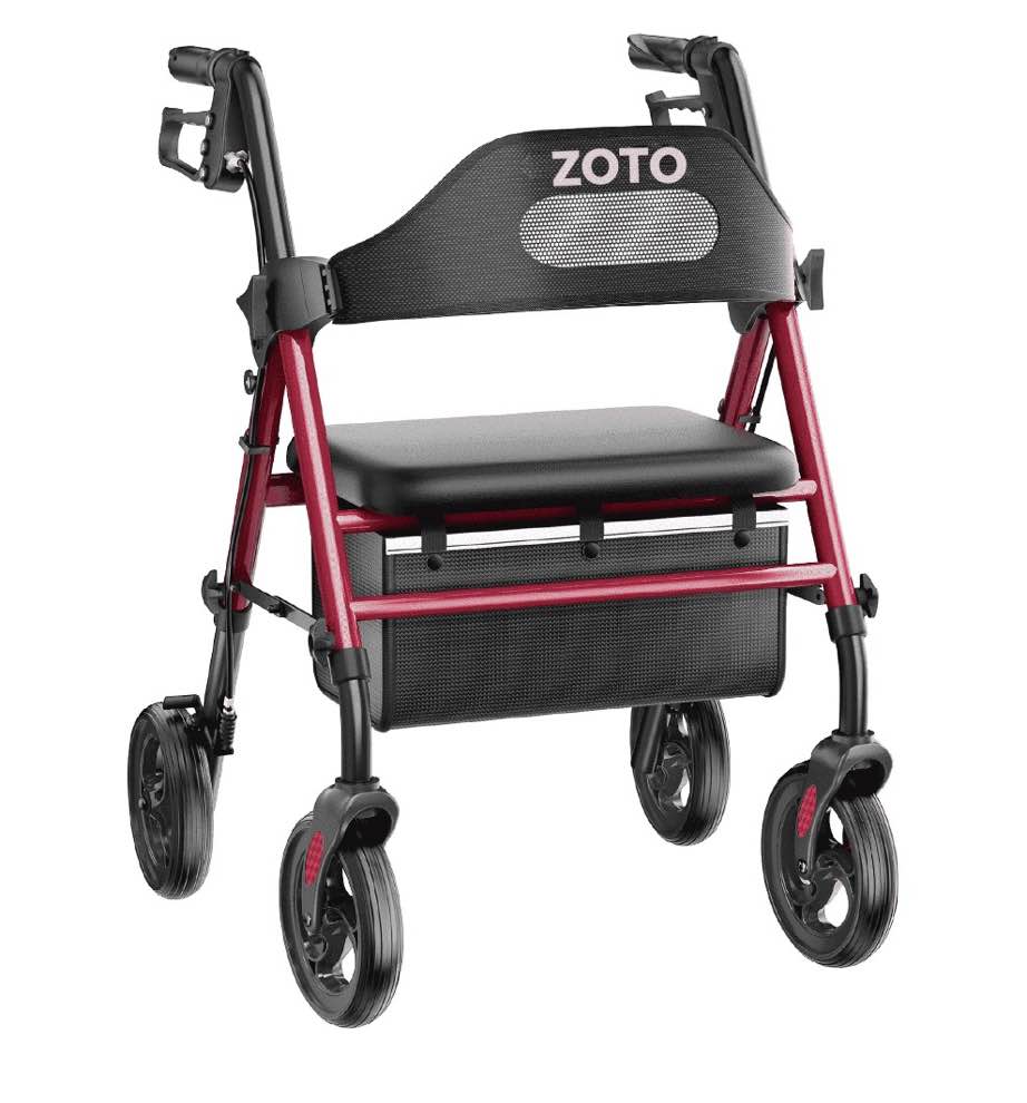 zoto foldable rollator walker with seat for seniors, height adjustable lightweight rolling walker with sturdy reinforced carbon steel frame, red (vr2-rd)