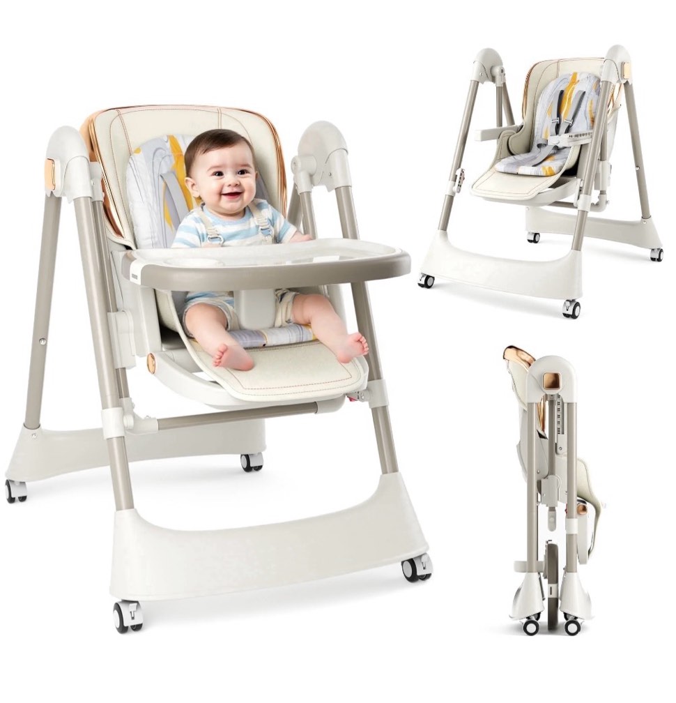 touheart 6-in-1 baby high chair and baby swing combo, convertible highchair for infants toddlers, with 6 heights, 4 recline, foldable with wheels?beige