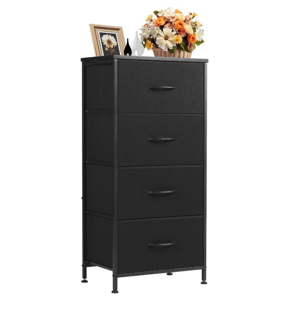 concetta 4 drawer dresser, wide chest drawers nightstand storage tower storage fabric dresser with wood top for living room, bedroom, closet, black