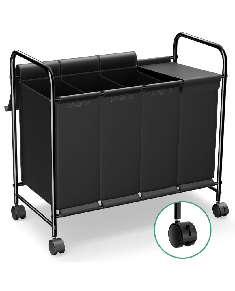 nefoso 4 section laundry hamper with lid and wheels, 200l large laundry basket sorter cart with handle, clothes storage, black