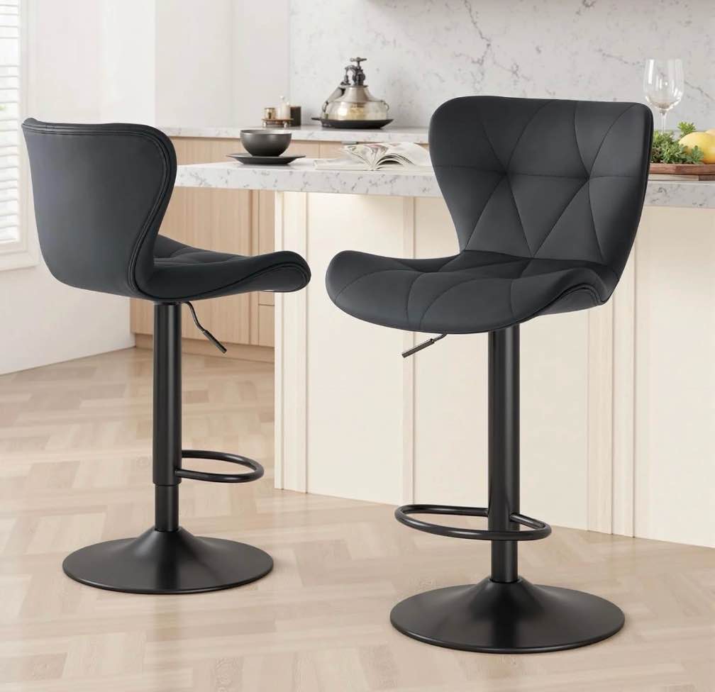 concetta set of 2 swivel bar stools - adjustable height modern faux leather barstools counter bar chairs with backrest for kitchen island & home bar, black