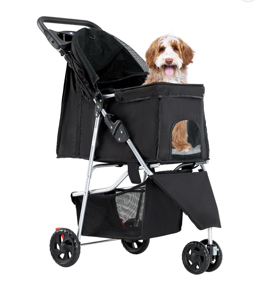 edx dog stroller  pet travel folding carrier with storage basket for cat/dog  3 wheels  black