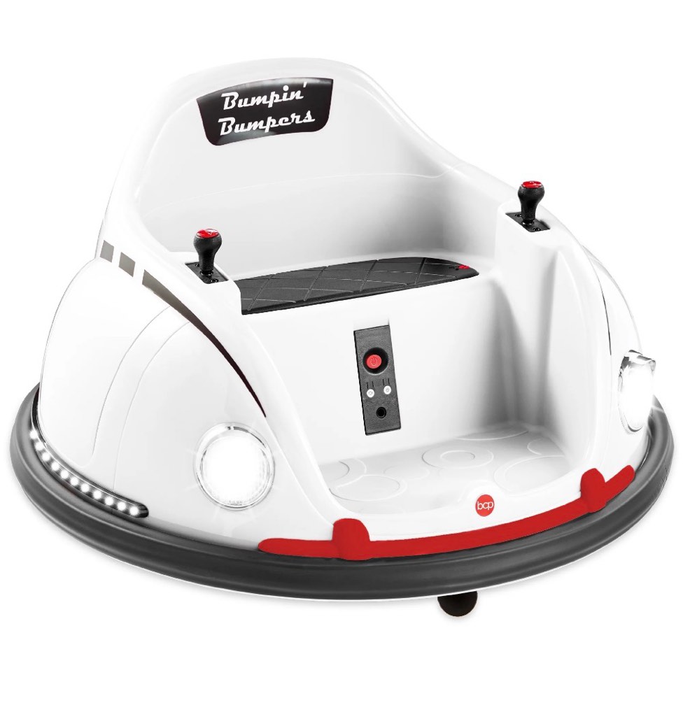 best choice products 6v kids ride on bumper car toy w/ remote control, harness, lights, 360 degree spin - white