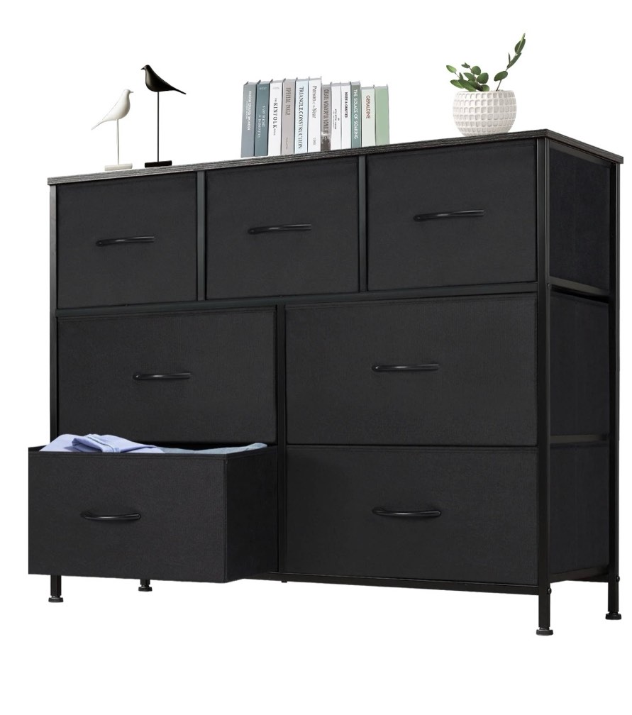 edx 7 drawer dresser, wide chest of drawers nightstand storage tower storage fabric dresser with wood top for living room, bedroom, hallway, black