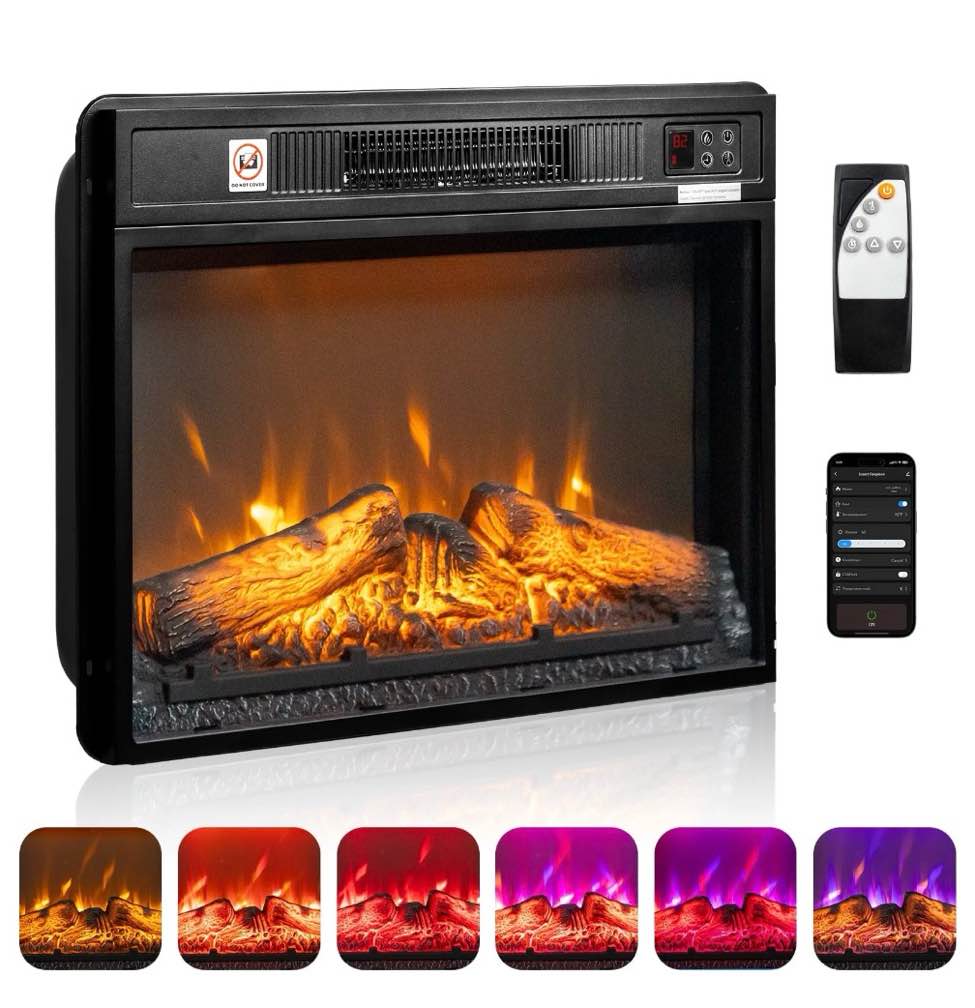 ktaxon 18" electric fireplace inserts with app & remote control, 1400w recessed stove heater with 8h timer, 6 flame colors, 5 brightness for indoor use