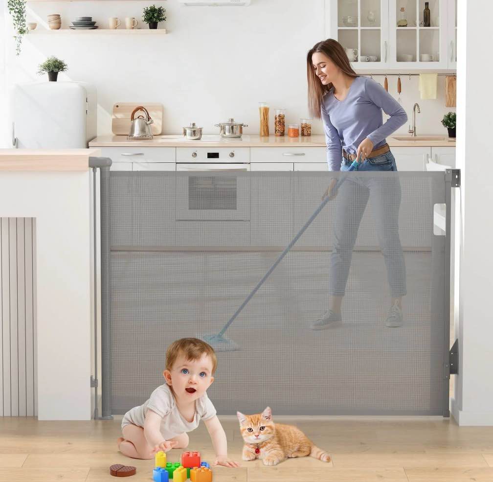 vomeast retractable gates,extends up to 55in wide,37.4in tall baby safety gates dog gate for doorways stairs(grey)
