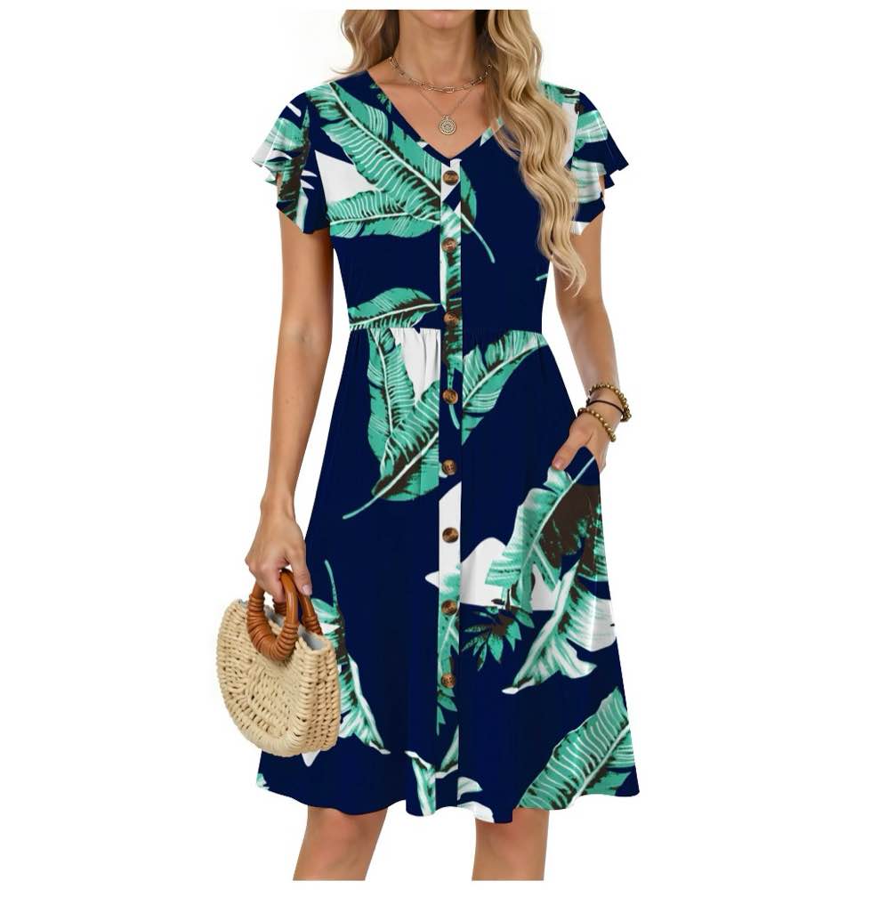 fantaslook women summer dresses v neck ruffle sleeve casual flowy sundresses button floral midi dress with pockets size s