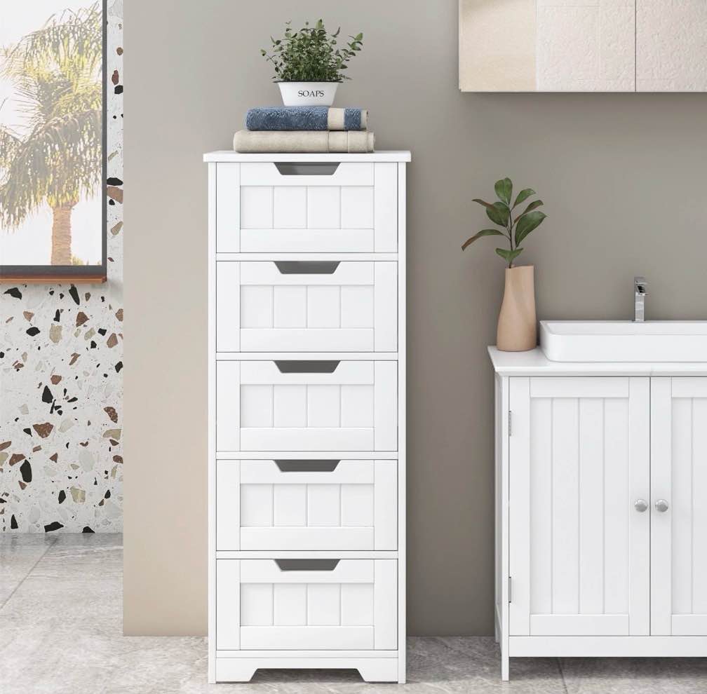 homfa modern bathroom cabinet free standing storage cabinet with 5 drawers organizer unit for living room bedroom white
