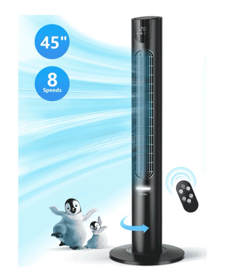 qunler 45 tower fan with remote oscillation 8 speeds 4 modes and 12h timer ultra quiet standing fan for bedroom office home black