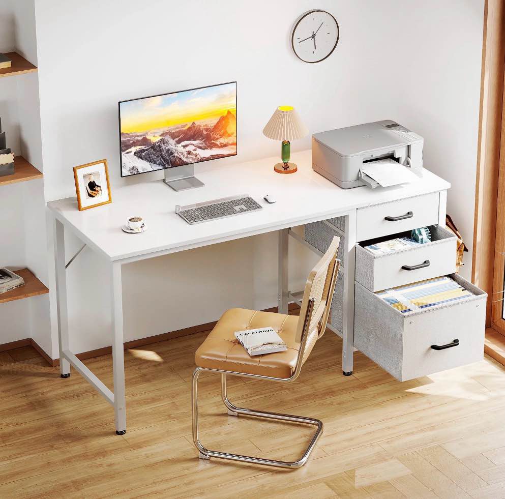 casacomoda computer desk with fabric drawers & file cabinet, home office desk for small space, vanity desk for bedroom, white