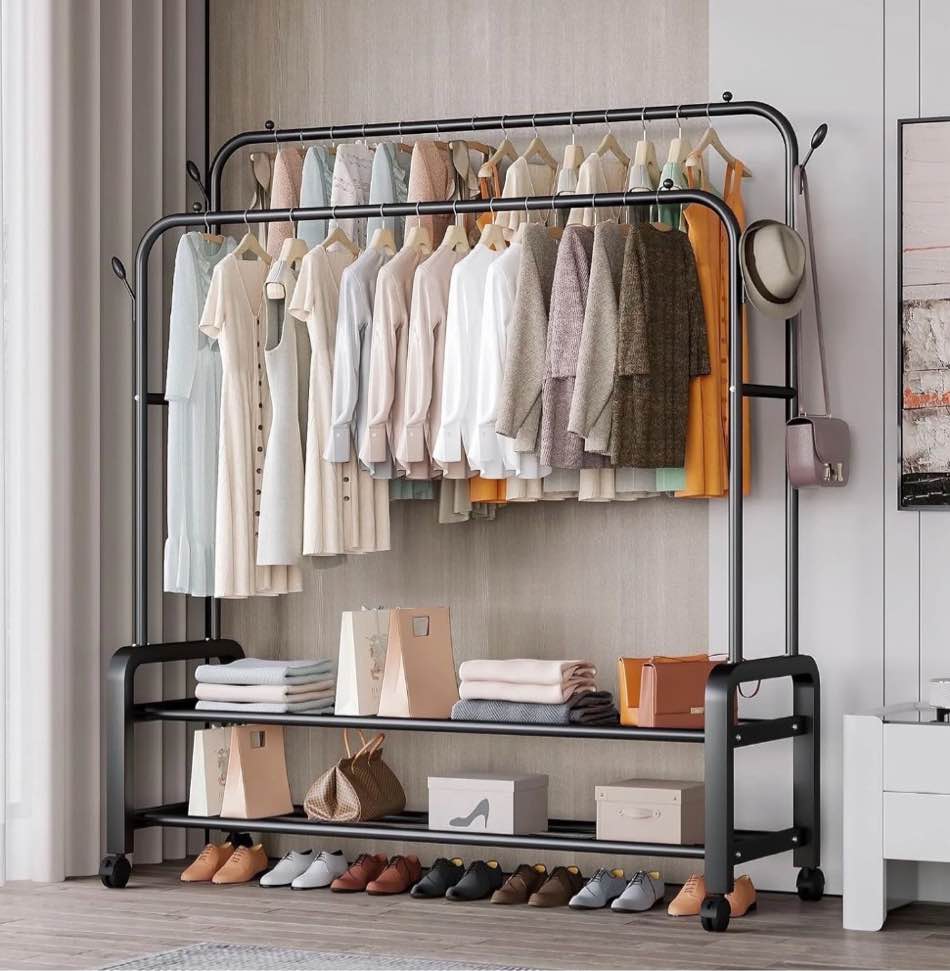 double rods clothes rack with wheels  portable clothing rack with shelves & hooks  heavy duty garment racks for hanging clothes  multi-functional closet rack for bedroom  black