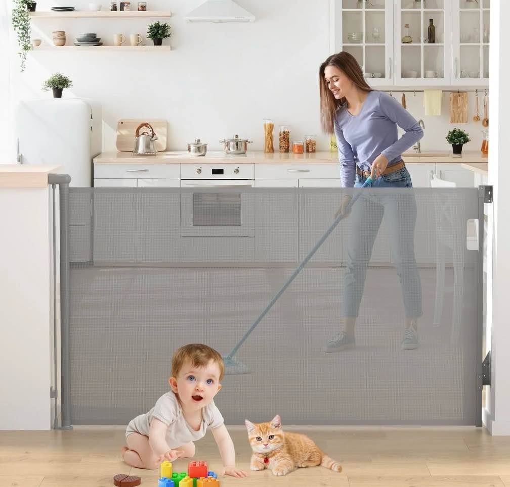 vomeast retractable gates,extends up to 71in wide,37.4in tall baby safety gates dog gate for doorways stairs(grey)