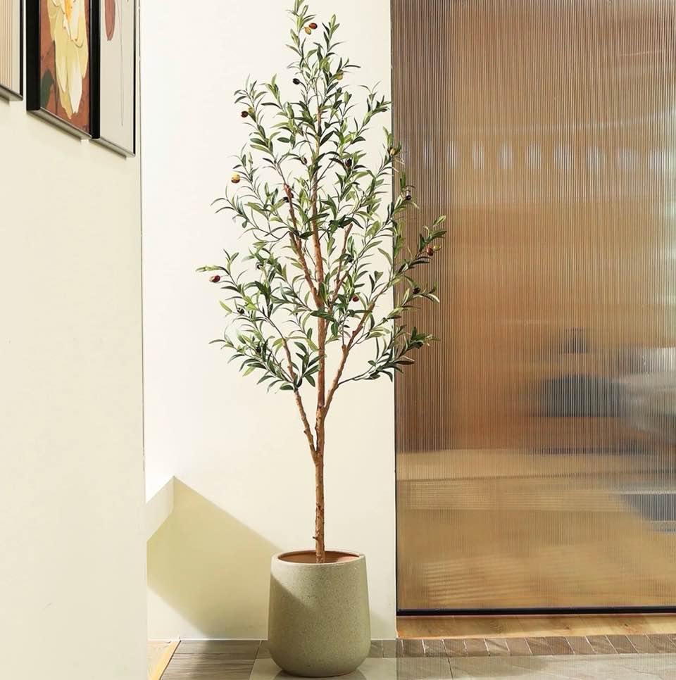 dr.planzen 6ft artificial olive tree indoor, tall faux olive tree, artificial plants with natural wood trunk and lifelike fruits for home office decor