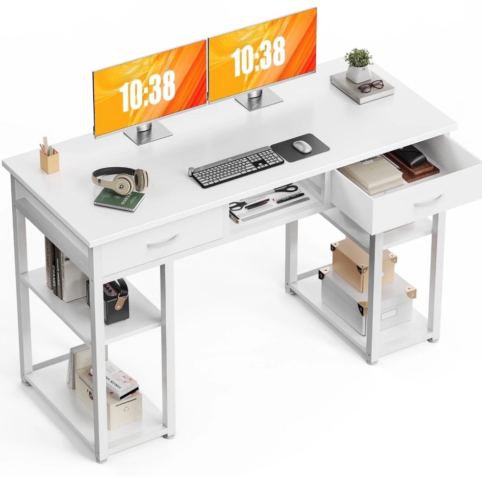 concetta 48 inch small desk with fabric drawers & storage shelves, computer desk, writing desk for home office, bedroom, white