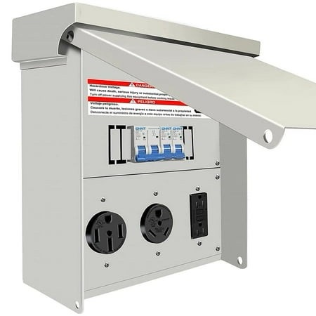 rv electrical outlet panel temporary power outlet panel with 20 30 50 amp receptacle installed with breaker prewired and unmetered weatherproof