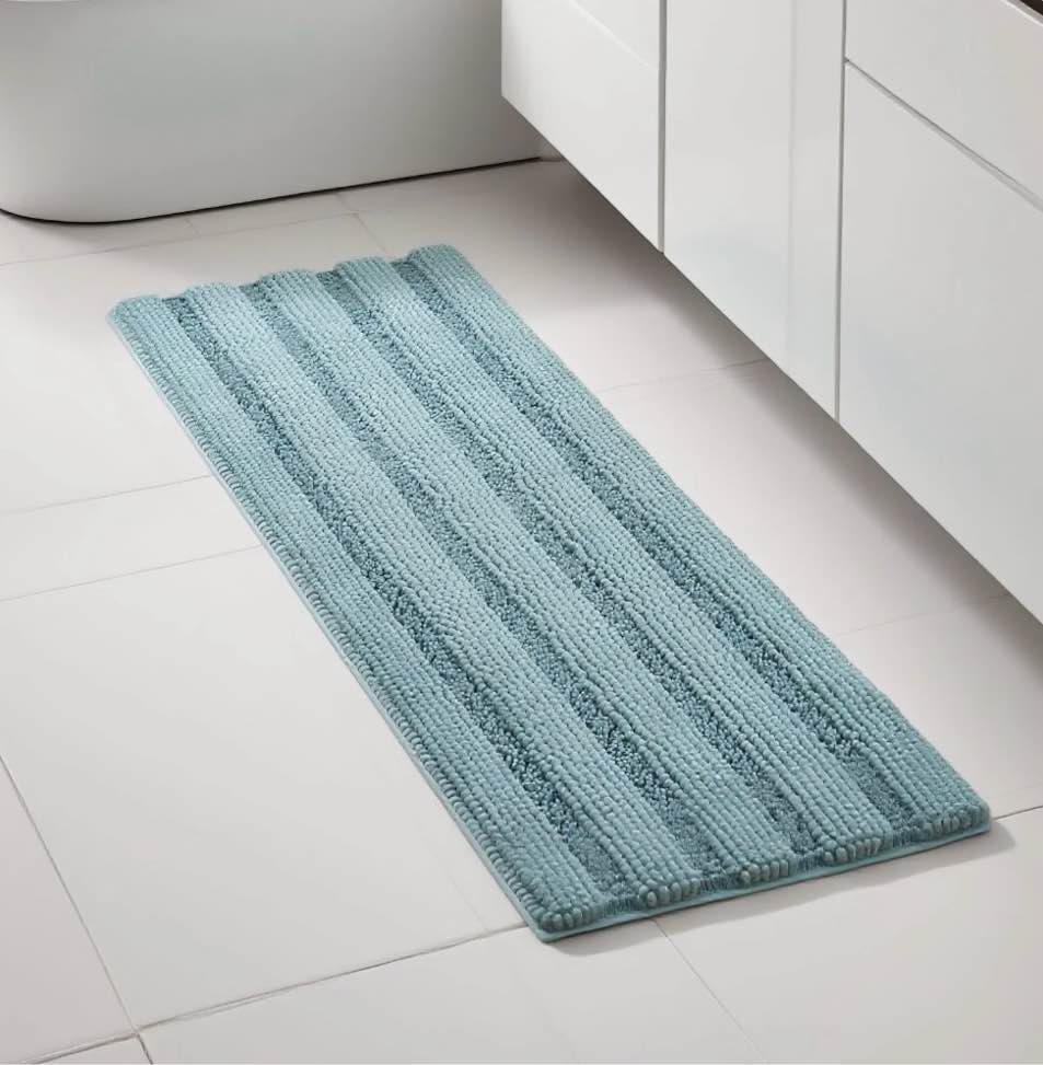 PrimeBeau Slip-Resistant Washable Striped Chenille Shaggy Bath Mat Runner, 47 inch by 17 inch, Aqua