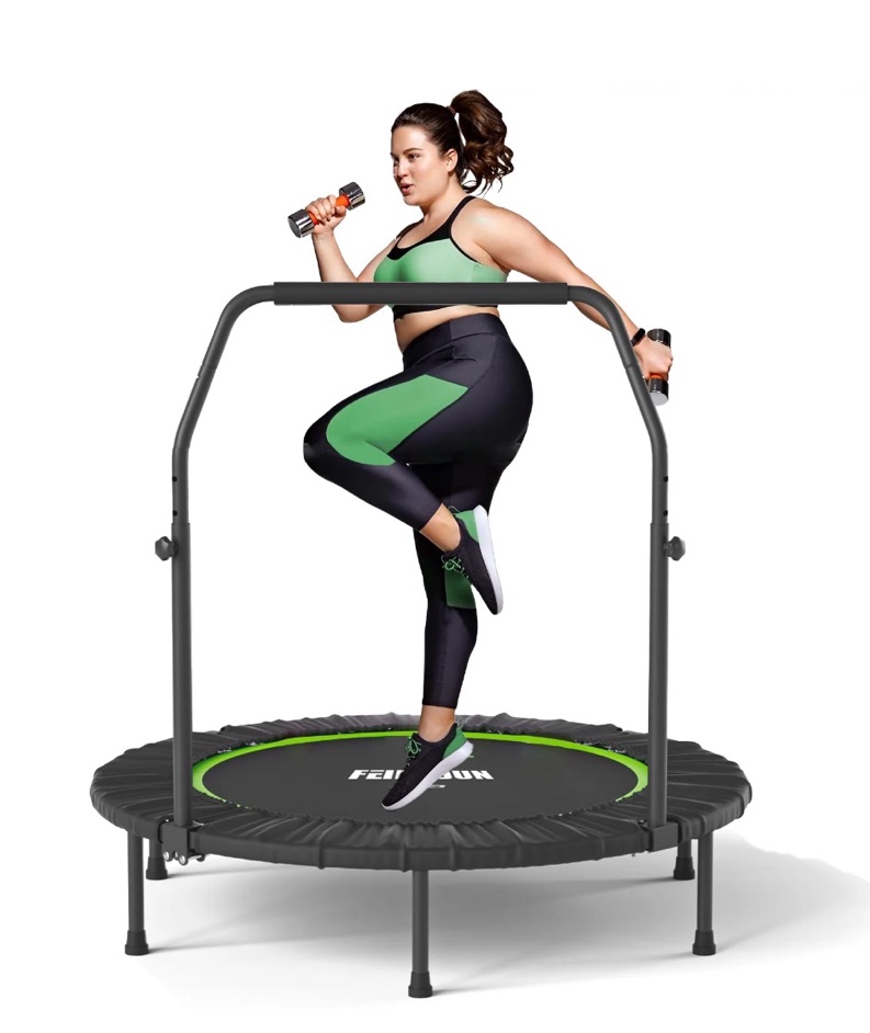 48" foldable mini trampoline max load 450lbs, fitness rebounder with adjustable foam handle, exercise trampoline for adults/kids indoor/garden workout