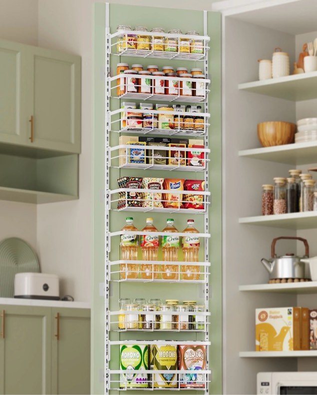 8-tier adjustable over the door pantry organizer with 2 sets hooks fits most doors, hanging spice rack for pantry door organizer and storage, white