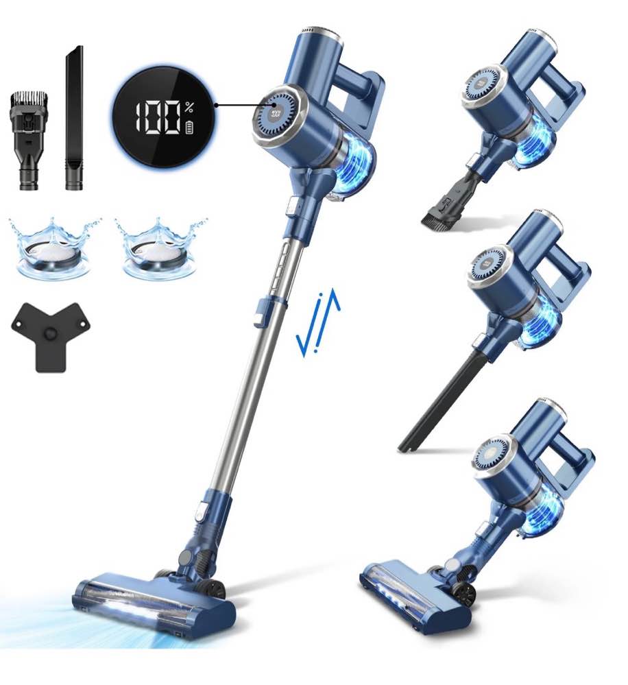 prettycare cordless stick vacuum cleaner, 2600mah 6-in-1 lightweight upright for carpet hard floor pet hair w200 upgraded