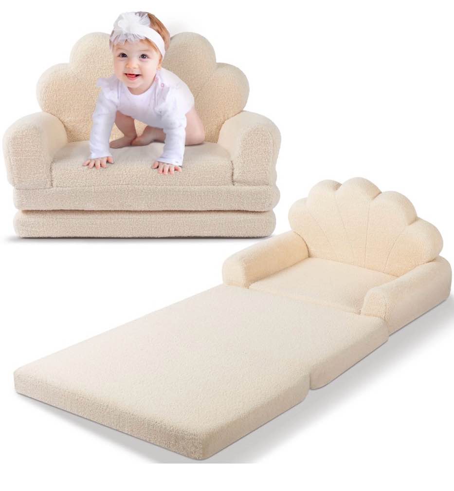 spanspace kids chairs for toddler,flip-out 2-in-1 convertible chair to lounger for girls and boys, teddy fleece fabric,cream