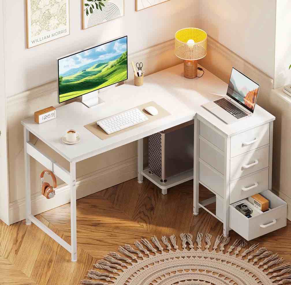 48 inch computer desk with 4 fabric drawers — home office desks with storage, writing desk with side hook, desk study/work table for bedroom and small space, white