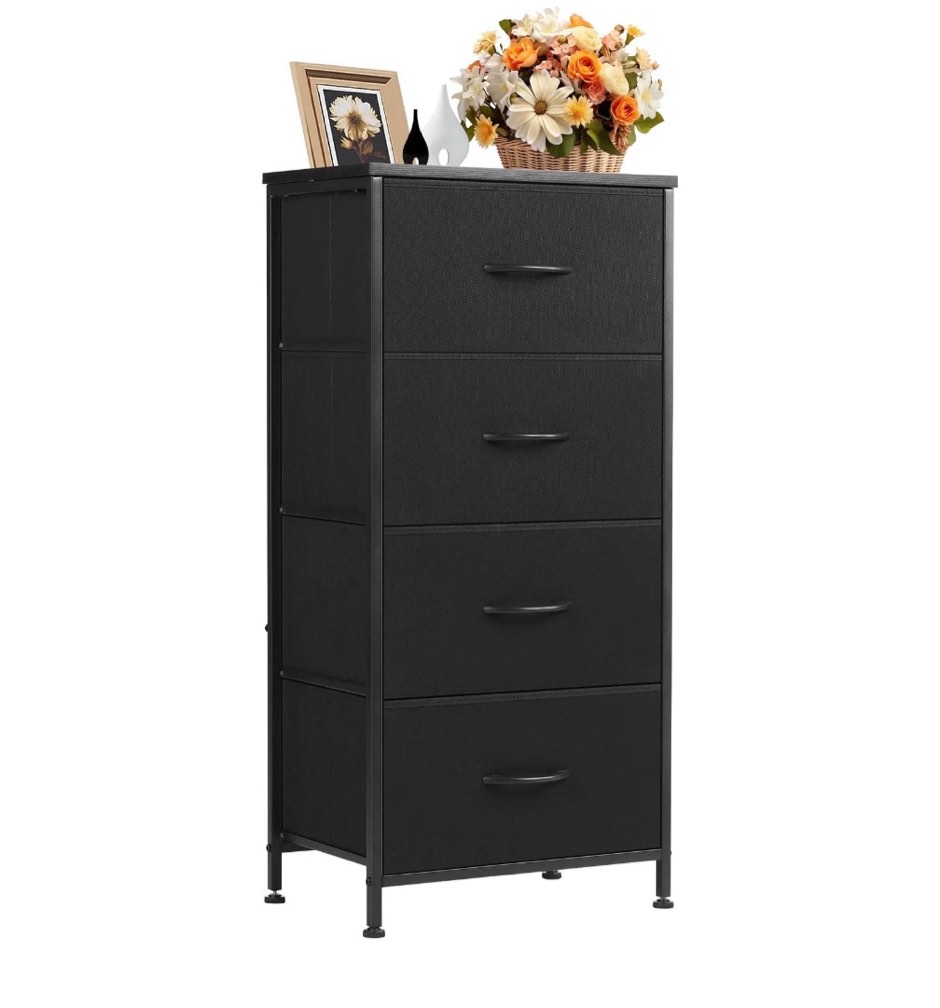 concetta 4 drawer dresser, wide chest drawers nightstand storage tower storage fabric dresser with wood top for living room, bedroom, closet, black