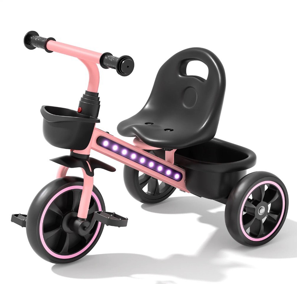 joystone toddler tricycle for ages 1-4 years, kids trike toddler bike with cool lights, adjustable seat & basket, pink