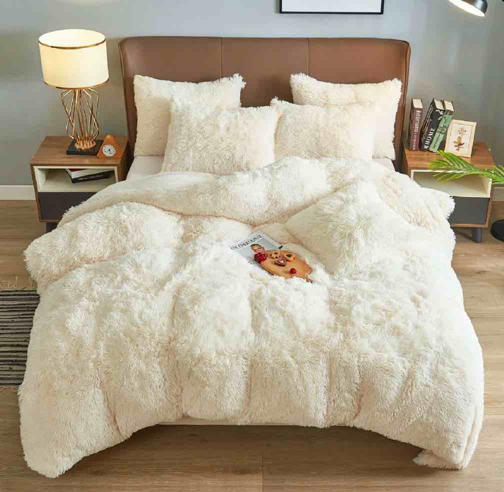 bleum cade luxury fluffy fuzzy king bedding comforter set,4 pieces soft shaggy duvet cover set,furry plush velvet comforter cover with zip closure,king,creamy-white