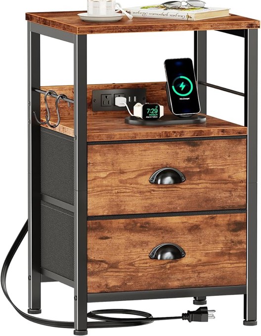 furologee end table with charging station, nightstand with fabric drawers, side table with usb ports & outlets, night stand with storage shelf & hooks, for living room/bedroom, rustic brown