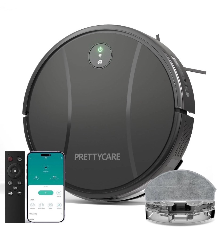 Prettycare C2 2 in 1 Robot Vacuum and Mop Combo Cleaner, Black