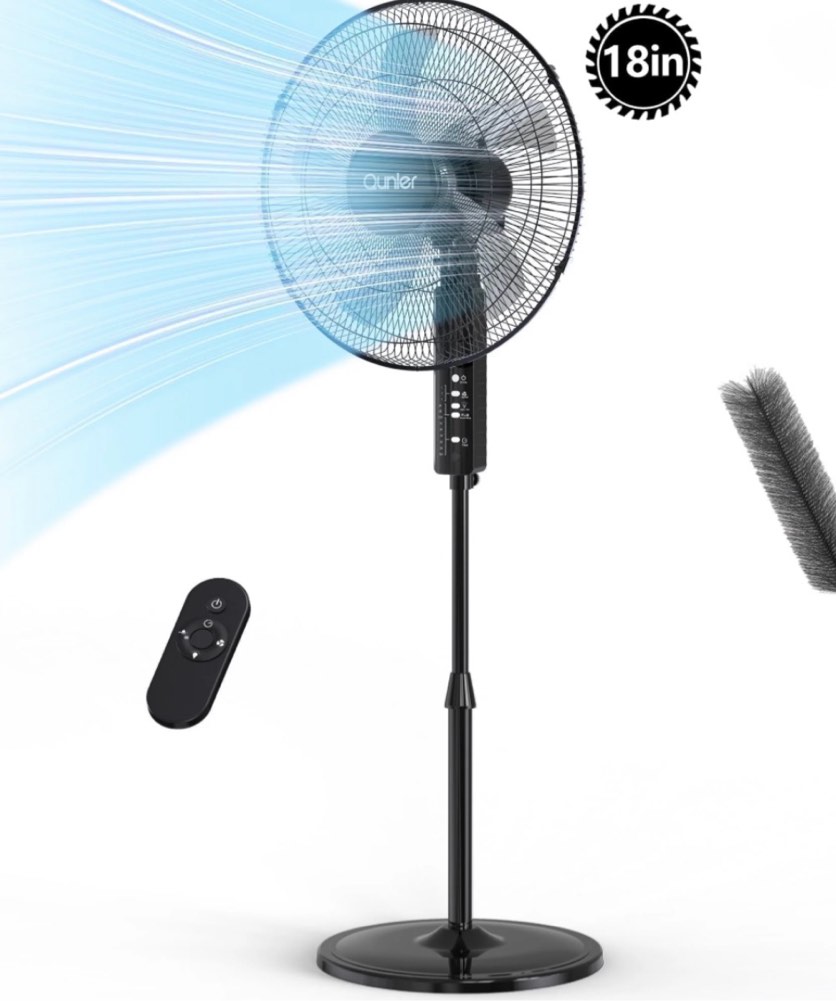 Qunler 18" Oscillating Pedestal Fan with Remote and Timer, Adjustable High-Velocity Quiet Electric Standing Up Fan for Home and Bedroom, Black