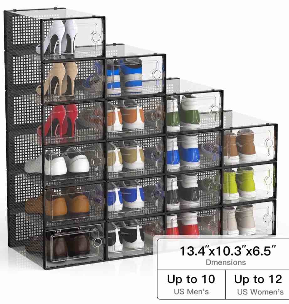 JakMean Clear Shoe Storage Boxes, 18 Pack Stackable Shoe Storage Organizers, Sneaker Storage Bins for Entryway,Closet,Fit Size 11