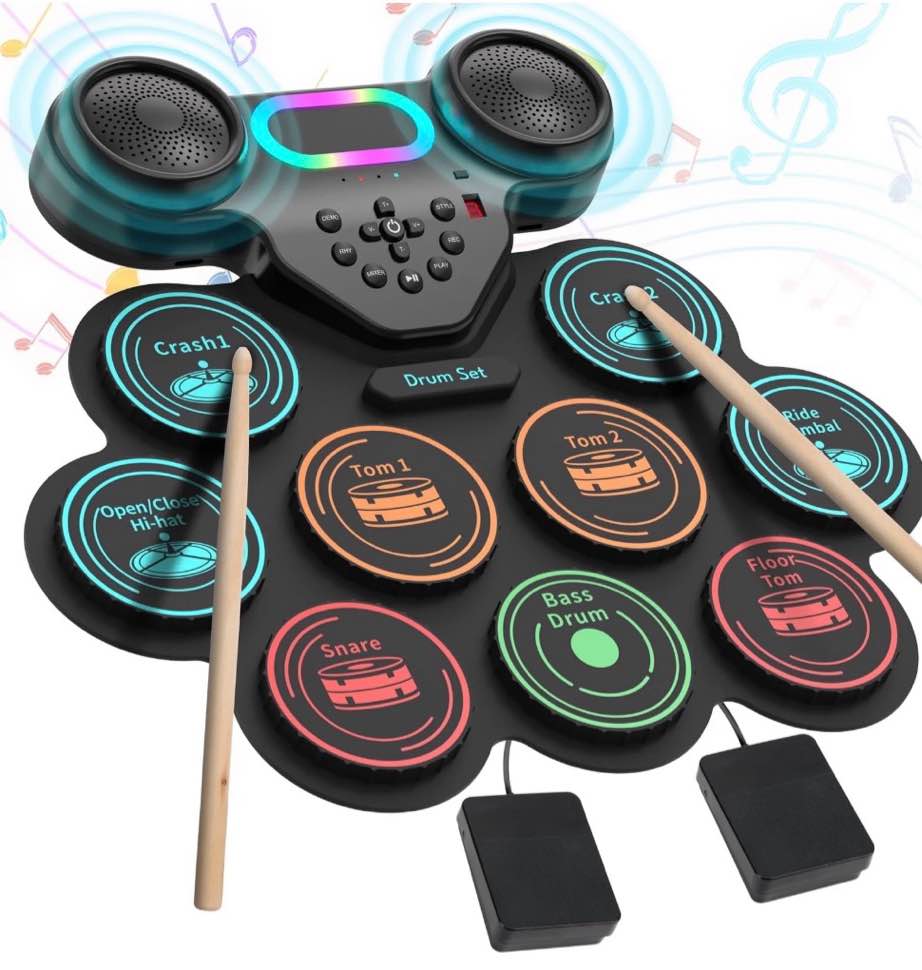 Ficcug Electronic Drum Set for Kids Adults,9 Pads Portable MIDI Roll-up Drum Kit with Dual Speakers / Headset Jack / Drumsticks / Foot Pedals,for Beginners