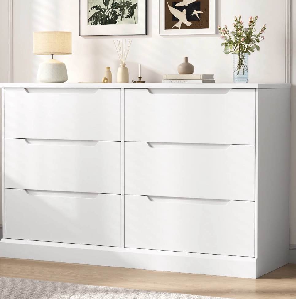 White Dresser 6 Drawer Dresser for Bedroom Modern Wooden Closet Double Dresser Closet Living Room Hallway Entryway Dressing Room