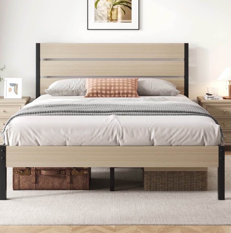 Lifezone Queen Bed Frame with Rustic Vintage Wood Headboard and Footboard, Metal Support, Beige