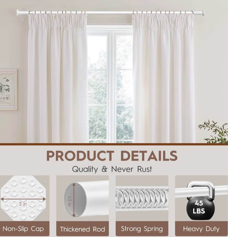 Condition photo showing Good Condition for VEGCOO Tension Curtain Rod 51-148 Inches Heavy Duty No Drill Adjustable Rod with 12 White Rings for Patio Shower Curtain Rod No Drilling for Bathroom Easy to Install White