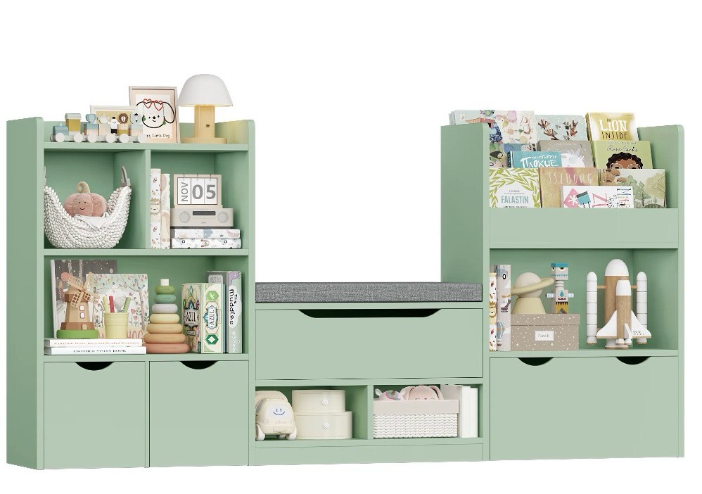 Condition photo showing New/Like New for Hiphuta 72"Wide Kids Bookcase with Reading Nook and Under Bench Storage, Wooden Toy Storage Organizer & Book Rack for Kids Room, Green