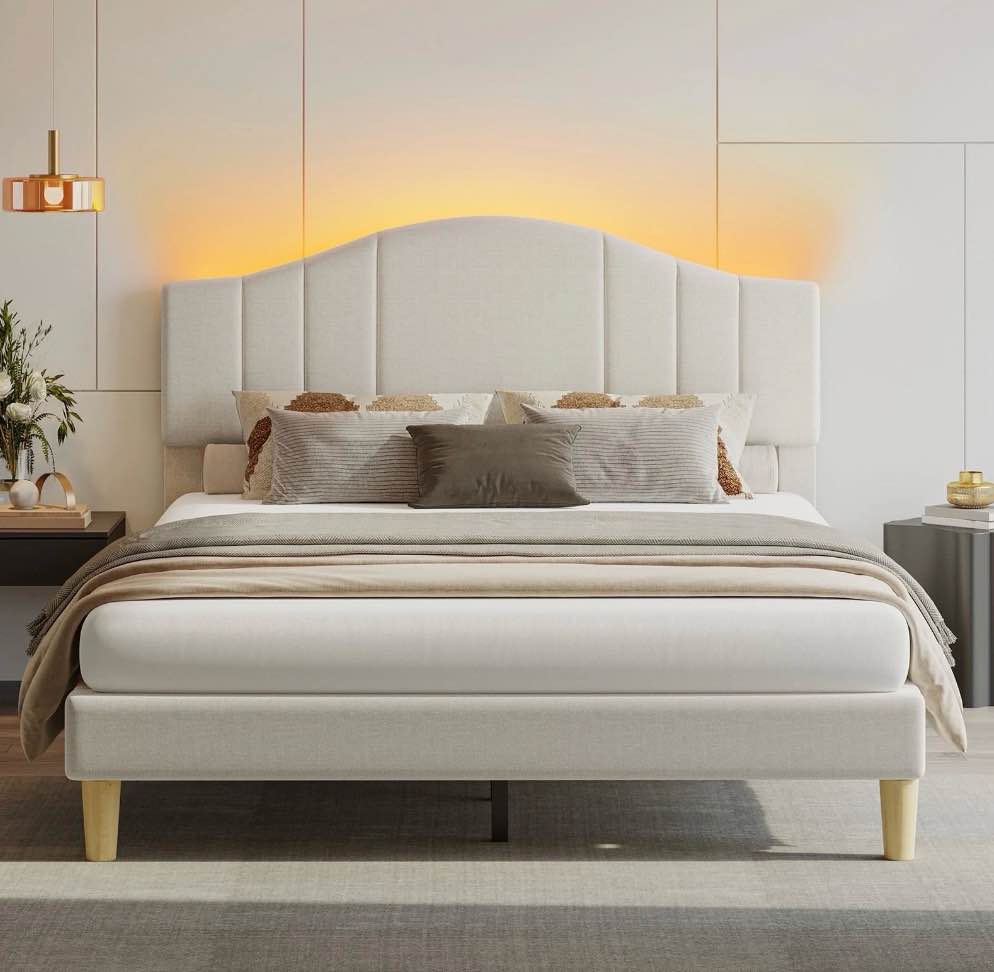 Pinmoco Full Upholstered Bed Frame with Adjustable Arc-shaped Headboard, LED Platform Bed, Fabric Beige