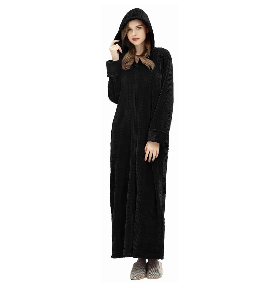 LOFIR Womens Zipper Front Robe  Long Plush Hooded Fleece Soft Bathrobes for Women Housecoat Sleepwear Pajamas (XL-L Black)