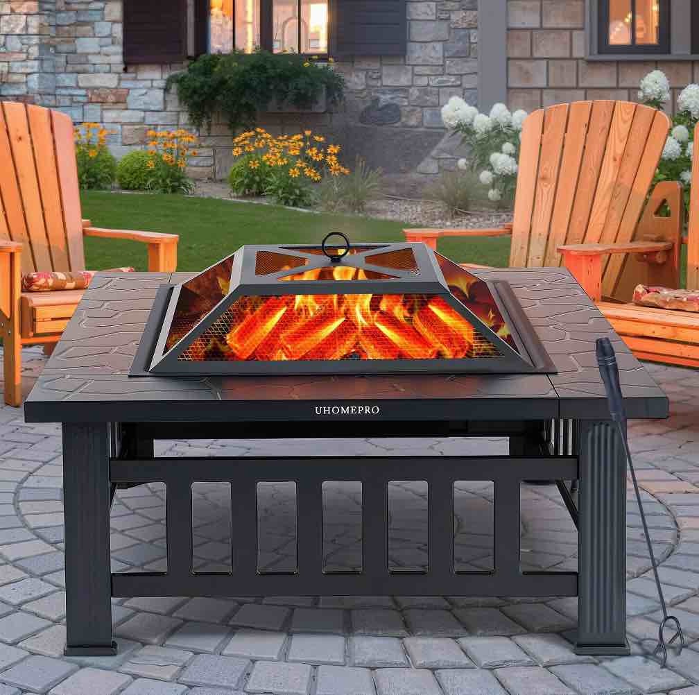 Fire Pits for Outside, 32" Wood Burning Fire Pit Tables with Screen Lid, Poker, BBQ Net, Ice Tray, Food Clip and Cover, Backyard Patio Garden Outdoor Fire Pit/Ice Pit/BBQ Fire Pit, Black