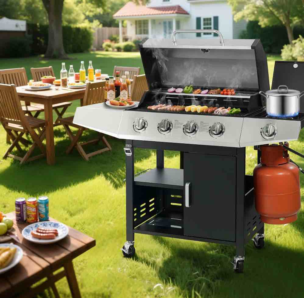 Segmart 4 Burner BBQ Propane Gas Grill with Side Burner  Stainless Steel 46 790 BTU Patio Garden Barbecue Grill with Thermometer  Wheels  and Bottle Opener  Perfect for Camping  Outdoor Cooking