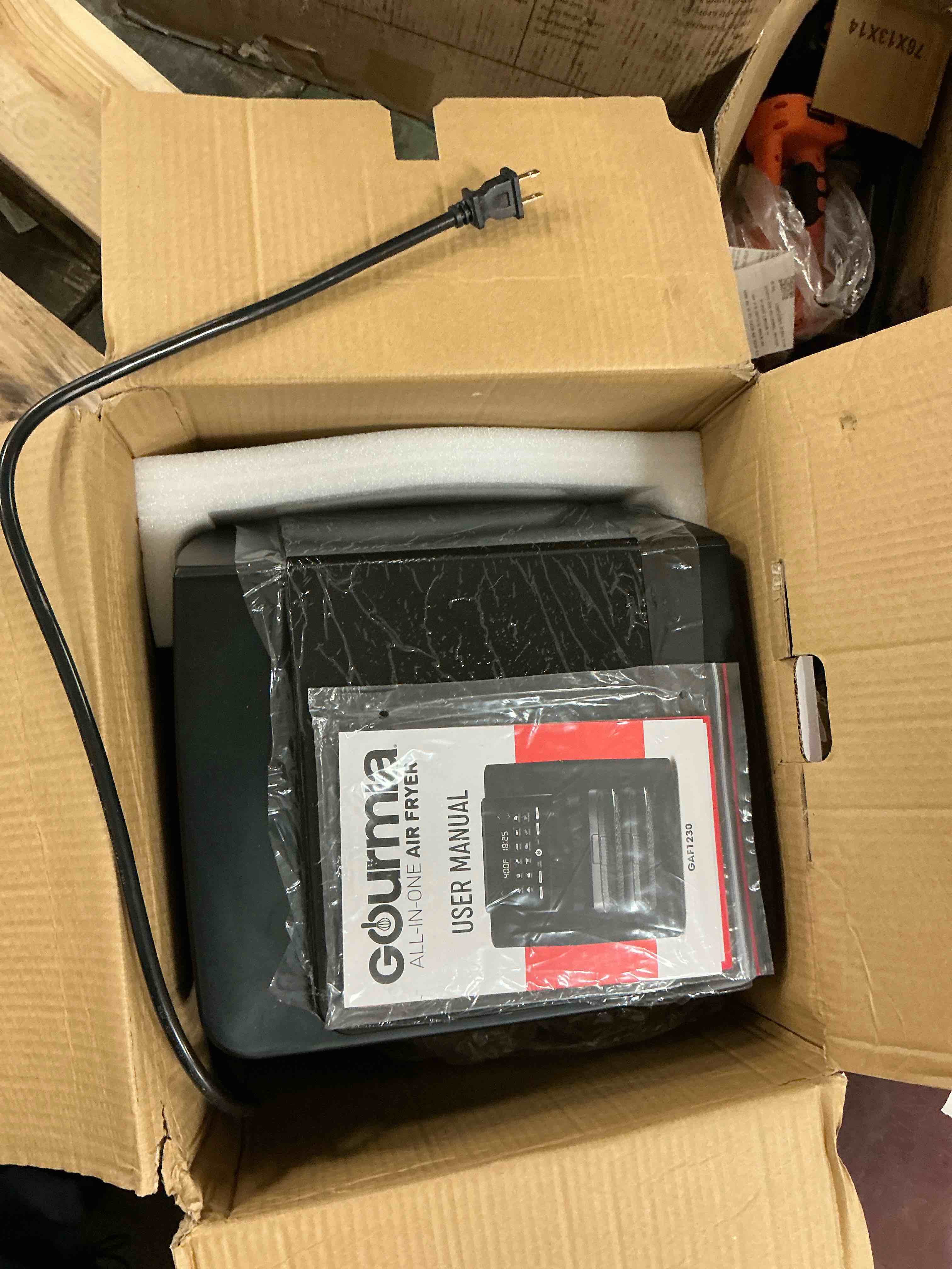 Condition photo showing New/Like New for Gourmia 14qt All-in-One Digital Air Fryer, Oven, Rotisserie & Dehydrator GAF1230: Stainless Steel, 1550W, Dishwasher-Safe Parts