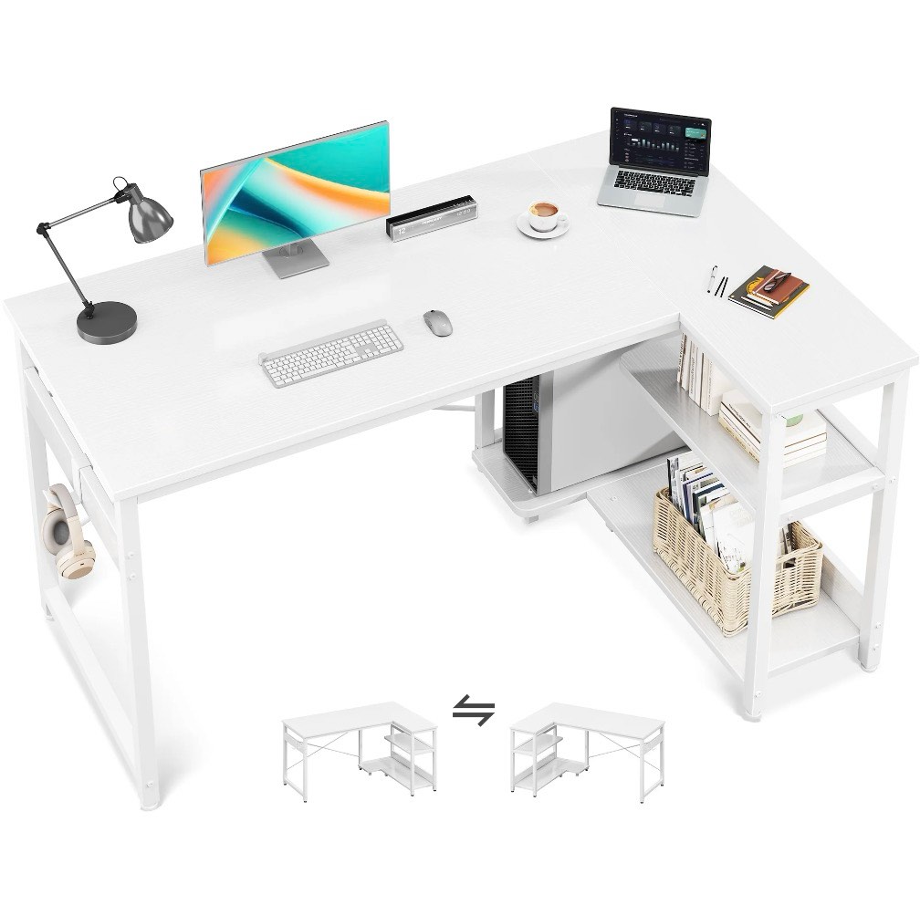 Casacomoda L Shaped Computer Desk with Power Outlet Shelves, 48 Inch Big Reversible Corner Desk for Small Space Home Office, L-Shaped Desk PC Desks, White