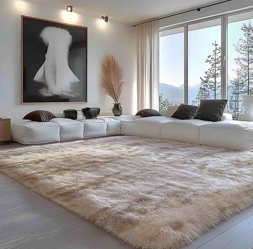 Pentantan 8’ x 10’ Shag Area Rugs  Soft Fluffy Indoor Carpet for Living Room Bedroom Decor  Tie-dyed Camel