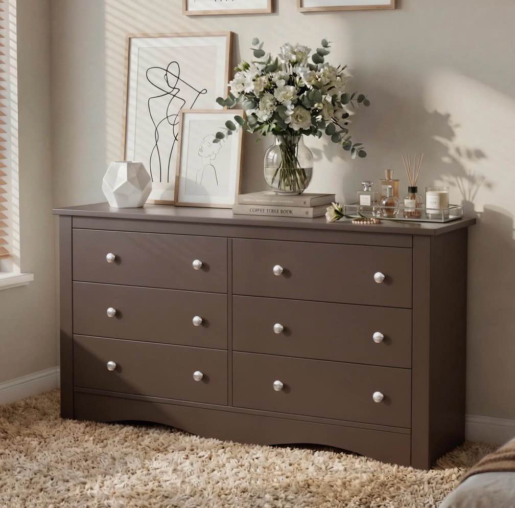Homall 52'' Wide 6 Drawer Dresser for Bedroom, Modern Wood Chest of Drawers with Smooth-gliding Drawers, Storage Organizer for Bedroom Living Room, Brown