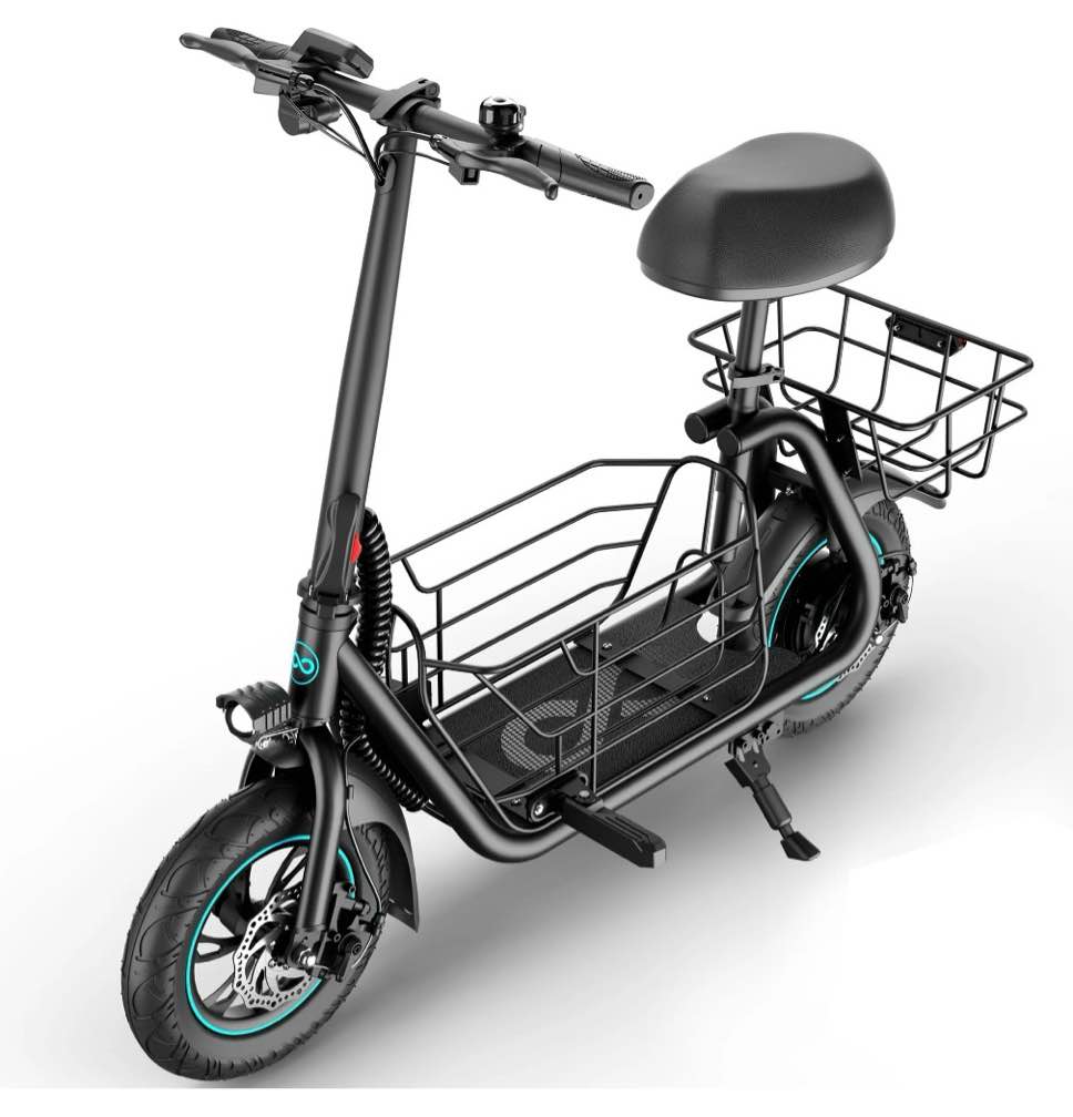 MIHOVER 19MPH Foldable 550W Electric Scooter with Seat for Adult 12 inch Commuter E Scooter for Pets with Front & Back Basket & Dog Mat Bigger Seat - up to 21 Miles