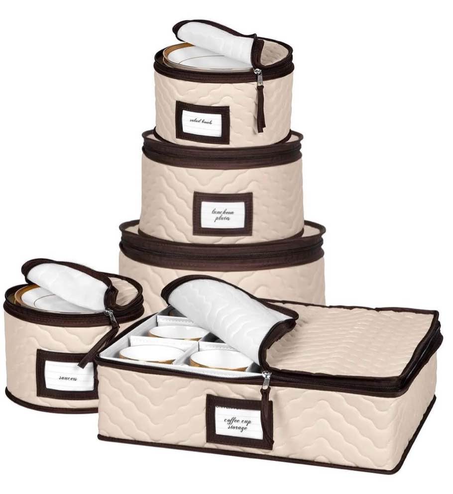 China Storage Containers 5-Piece Set Moving Boxes for Dinnerware  Glasses  Plates  Mugs and Saucers Sturdy Quilted Microfiber Dish Organizer with Dividers for Seasonal Storage - Holds Set of 12