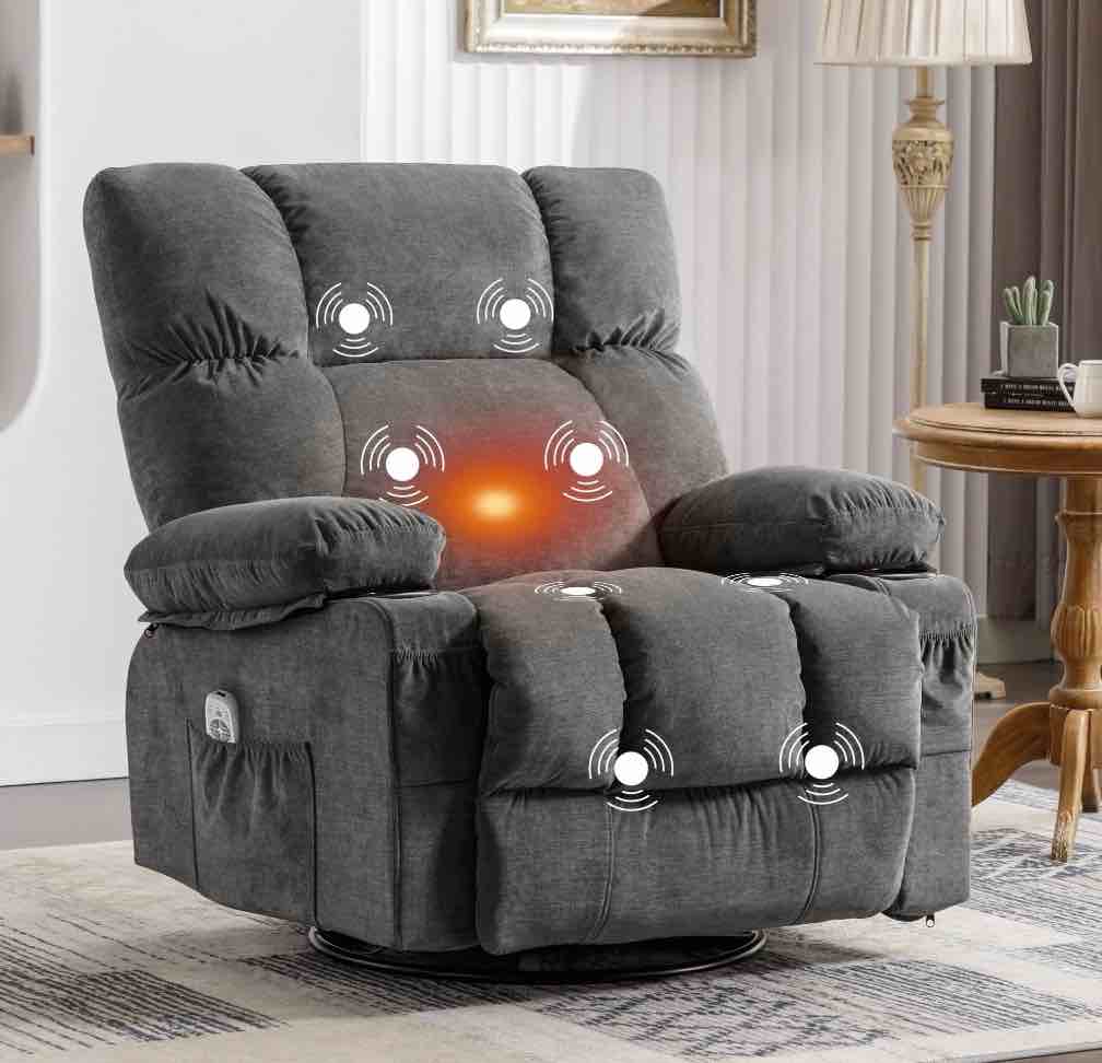 JONPONY Massage Swivel Rocker Recliner Chair with Vibration Massage and Heat Ergonomic Lounge Chair for Living Room with Rocking Function and Side Pocket, 2 Cup Holders, USB Charge Port,Grey